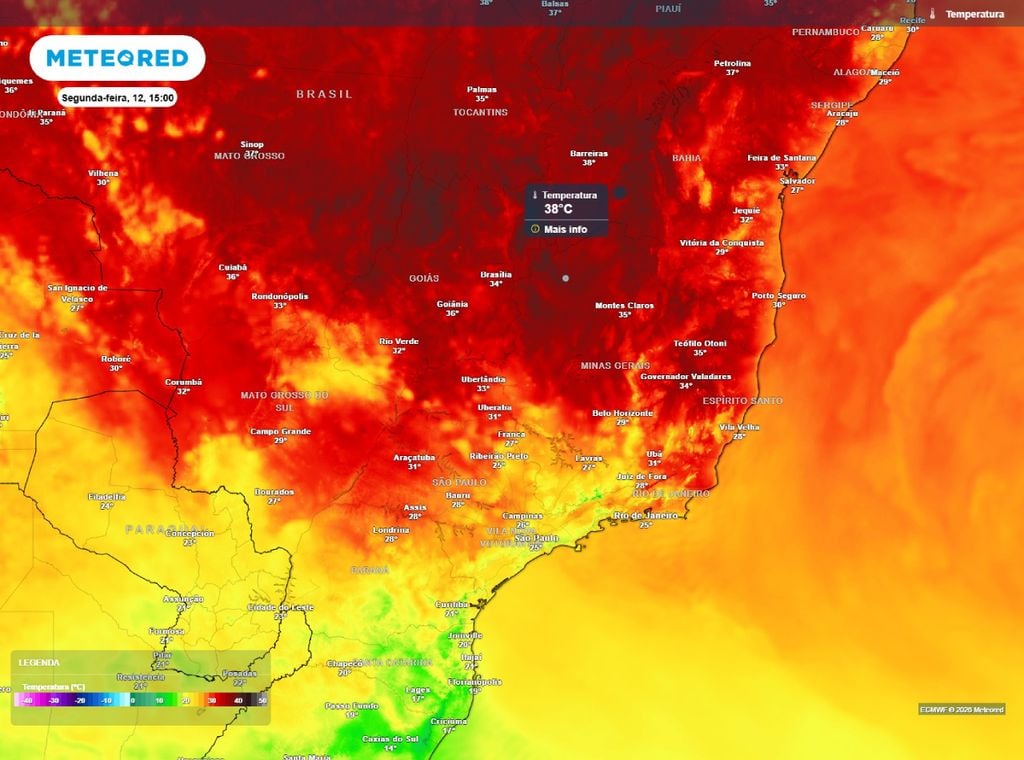 Previsão da temperatura do ar (°C) para segunda-feira (12 de outubro) às 15h.