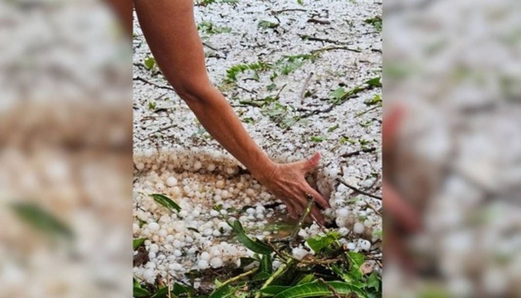 Granizo na zona rural de Abadia dos Dourados, no Alto Paranaíba. Foto: Reprodução/Redes sociais Granizo na zona rural de Abadia dos Dourados, no Alto Paranaíba. Foto: Reprodução/Redes sociais