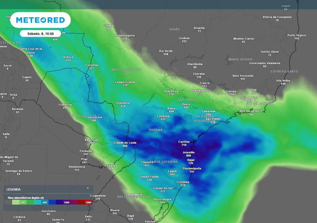 Previsão de rios atmosféricos no sábado durante a tarde. Previsão de rios atmosféricos no sábado durante a tarde mostra um intenso fluxo de umidade da região Amazônica em direção ao Sul do país, alimentando a formação de tempestades.