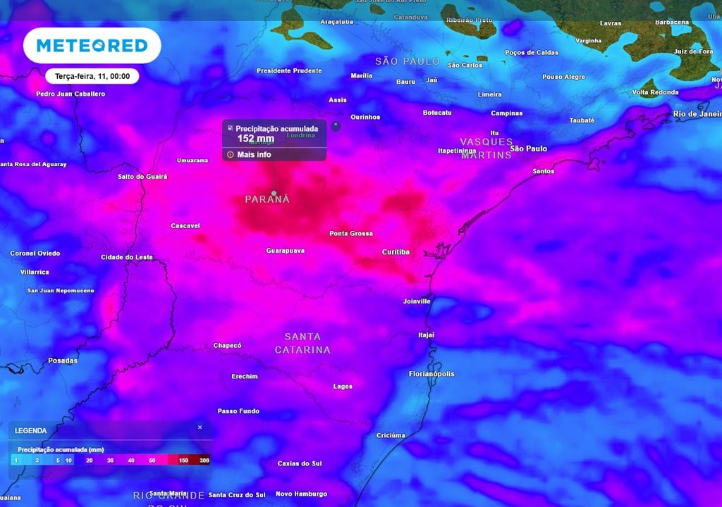 Previsão de acumulados totais de chuva até o final da segunda-feira. Previsão de acumulados totais de chuva até o final da segunda-feira mostra que os volumes de chuva em grande parte do Paraná podem chegar a 150 mm ou mais, causando transtornos.