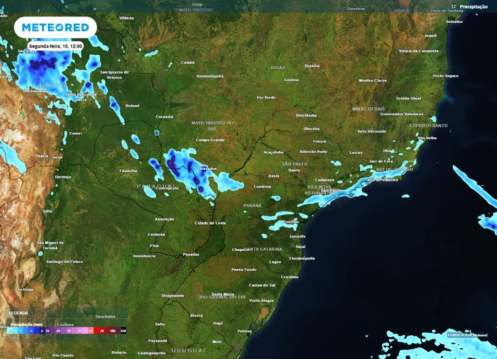 alerta de chuva Previsão de chuva o fim da manhã e início da tarde da segunda-feira, 10 de agosto.