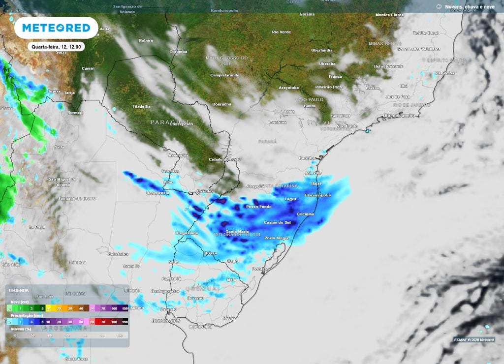 alerta de temporais e chuvas intensas Previsão de chuva o fim da manhã e início da tarde da quarta-feira, 12 de agosto.