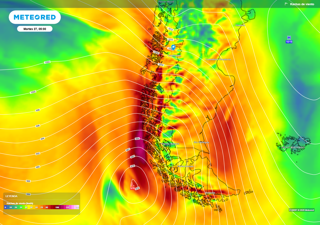Temporal de viento, con rachas de 100 km/h, marcarán el paso de un frente meridional por la Patagonia este martes 27 de enero.