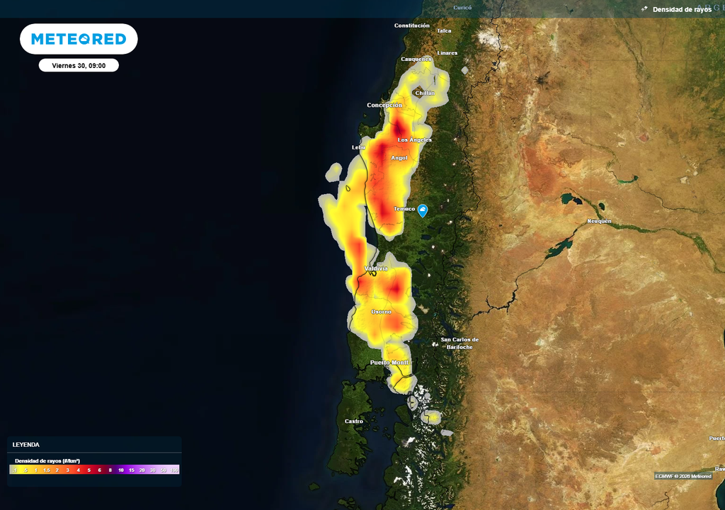 El contraste térmico entre la superficie y niveles medios favorecerá la inestabilidad atmosférica, produciendo nubes de tormentas que podrían dejar gran cantidad de rayos en la zona centro sur de Chile.