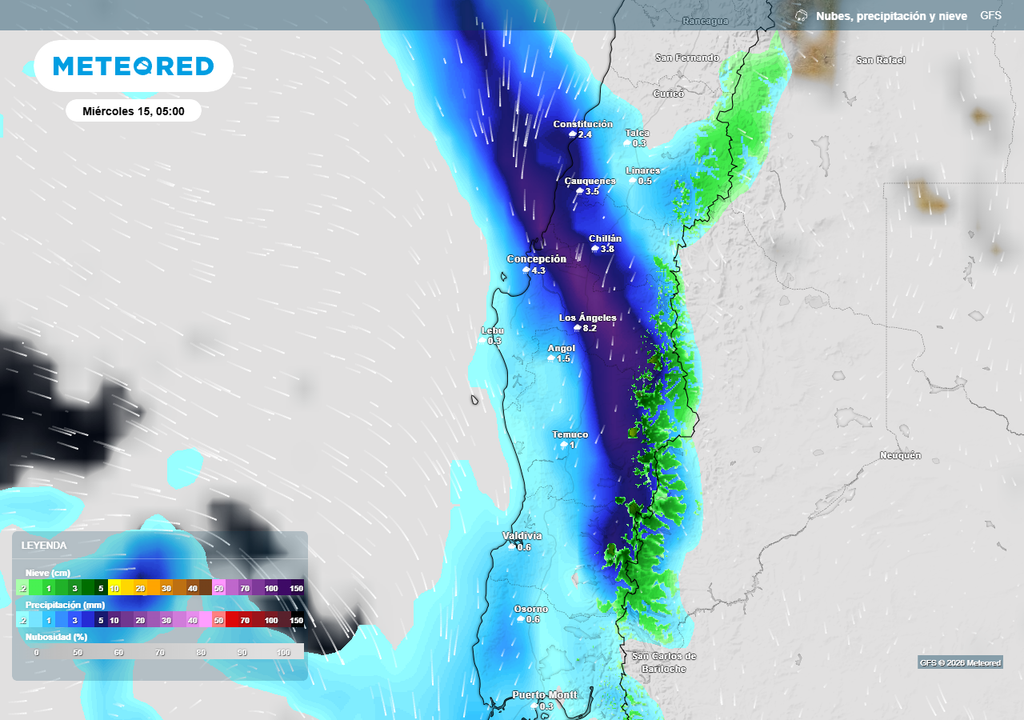 Fuertes precipitaciones para el miércoles (15) en Chile centro-sur, Meteored Precipitación (mm) para la madrugada del miércoles (15) en el centro-sur de Chile.