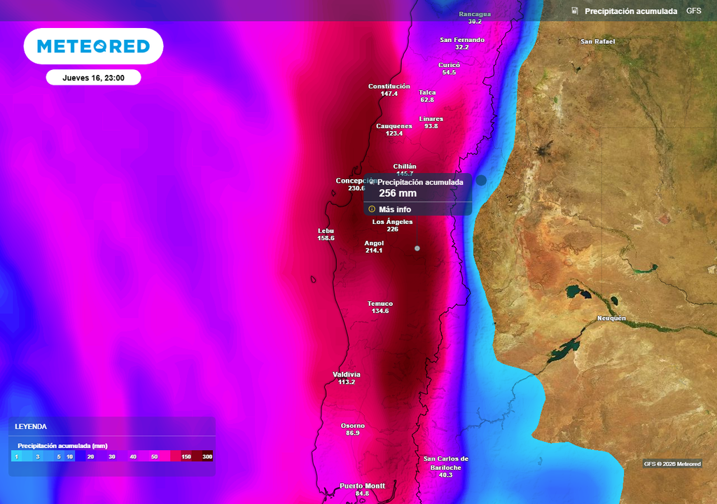 Lluvia sumaría hasta 200 mm en 48 horas en el centro-sur de Chile, Meteored Precipitación acumulada (mm) hasta la noche del jueves (16) en Chile centro-sur.