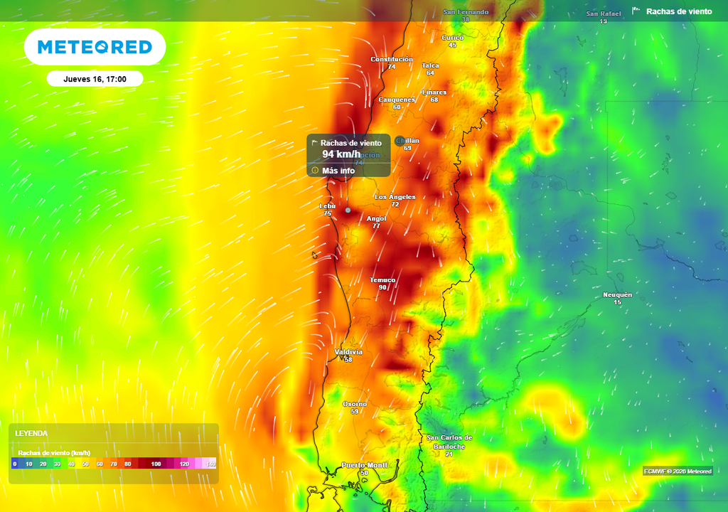 Temporal con rachas de viento de 100 km/h para Chile centro-sur, Meteored Rachas de viento (km/h) para la tarde del jueves (16) en el centro-sur de Chile.