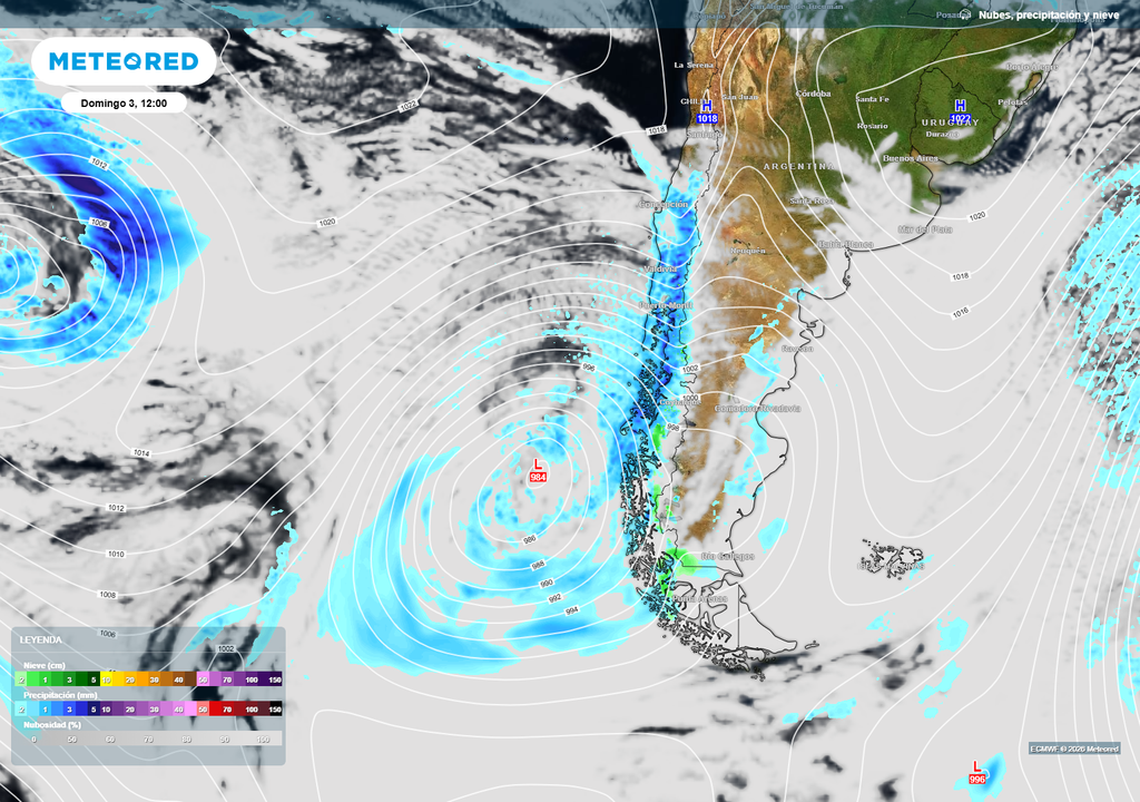Aunque las nubes del frente se extenderán hacia el centro norte durante el día domingo (03), las precipitaciones se dejarán caer sobre el centro sur, sur y Patagonia con más lata probabilidad.