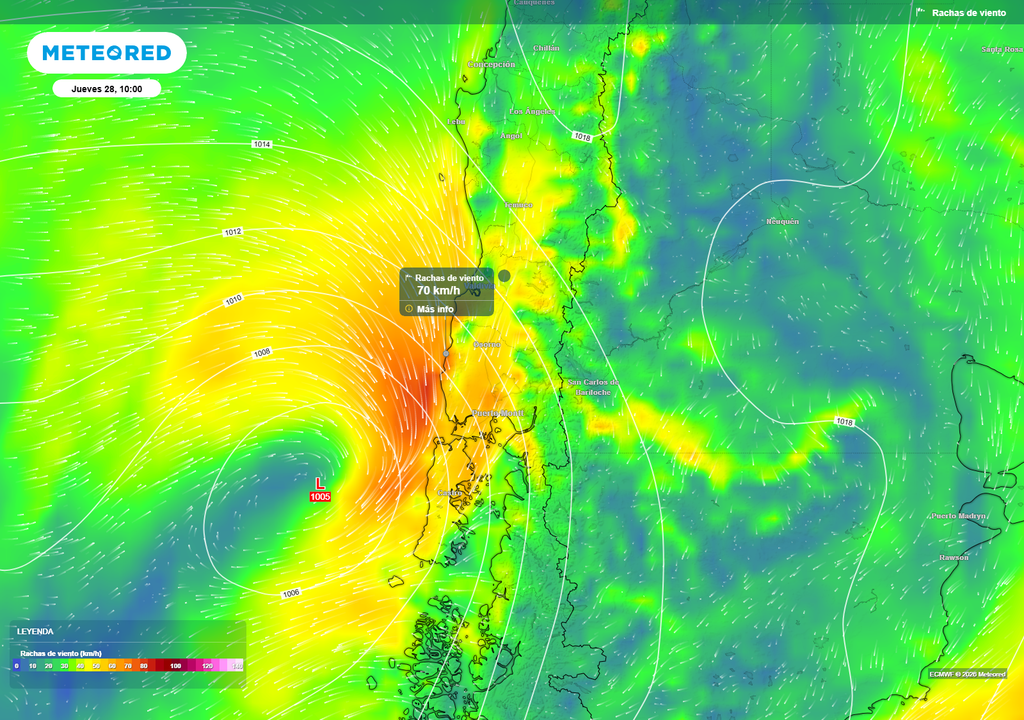mapa de ráfagas de viento. Este jueves se epsera viento intenso en sectores costeros y expuestos, donde las ráfagas poidrían llegar a los 70 km/h.