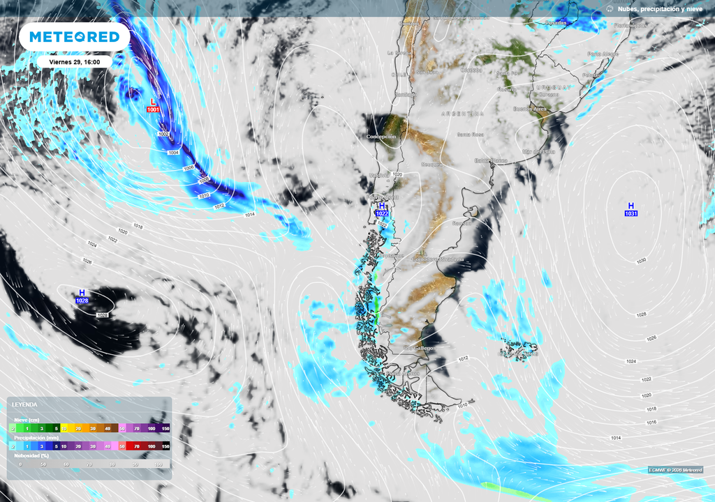 El viernes el sistema se debilita y dejará precipitaciones aisladas, principalmente en la Patagonia.