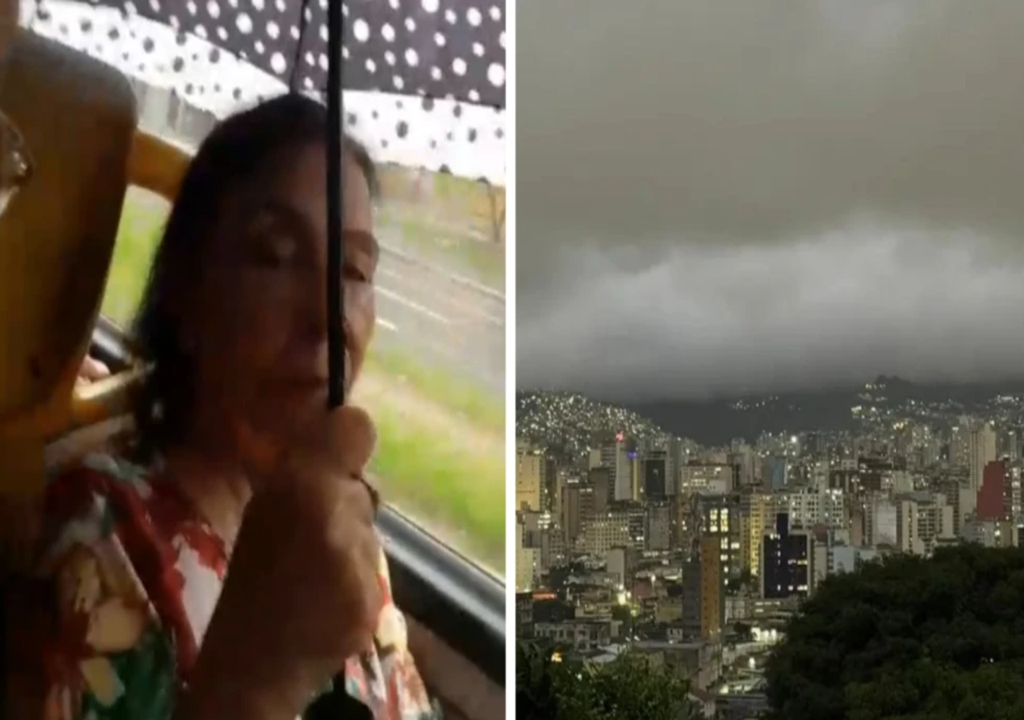 Passageira precisou se proteger de uma goteira no ônibus em BH. Passageira precisou se proteger de uma goteira no ônibus em BH. Foto: Itatiaia/ Talyssa Lima