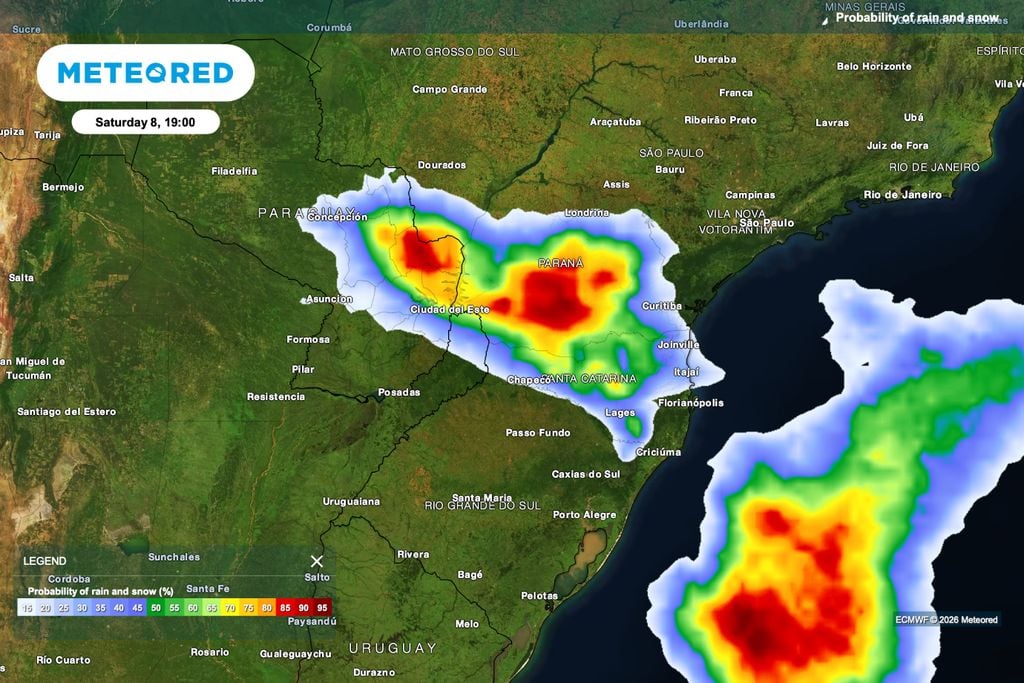 Alta probabilidade de chuva alcança áreas produtoras no Paraná e Santa Catarina durante a tarde e a noite de sábado.