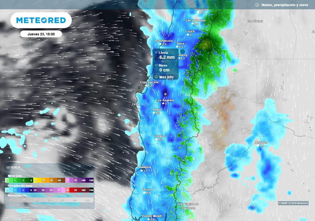 Fuertes lluvias para el jueves 23 de julio en el centro-sur de Chile Precipitación (mm) para la tarde del jueves (23) en el centro-sur de Chile.