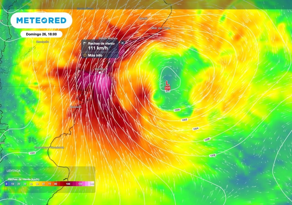 El desarrollo de un sistema de baja presión producirá viento extremo sobre la costa patagónica y luego sobre el sur de Buenos Aires. Será una situación de alto impacto con un valor relevante para las alertas que se puedan emitir.