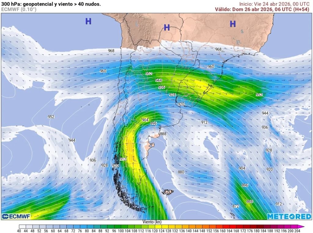 Una intensa corriente en chorro marcadamente meridional será una de las causas sinópticas que potenciará el desarrollo del sistema de baja presión que afectará a la costa patagónica y el sur de Buenos Aires.