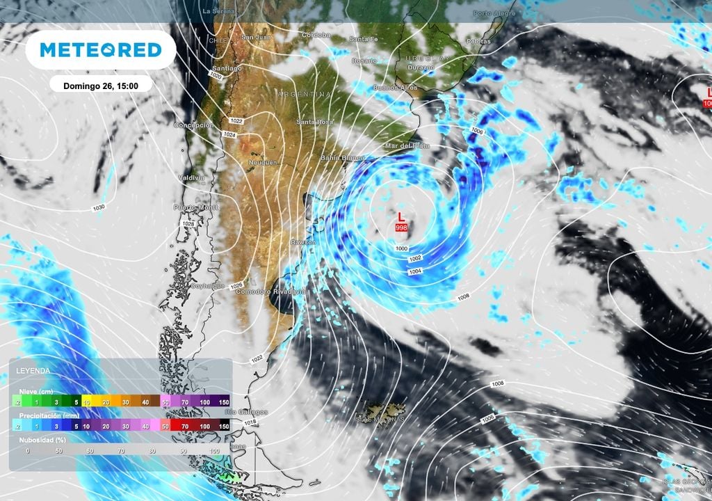 Esta carta nos muestra la situación sinóptica para el domingo con el intenso sistema de baja presión en desarrollo.