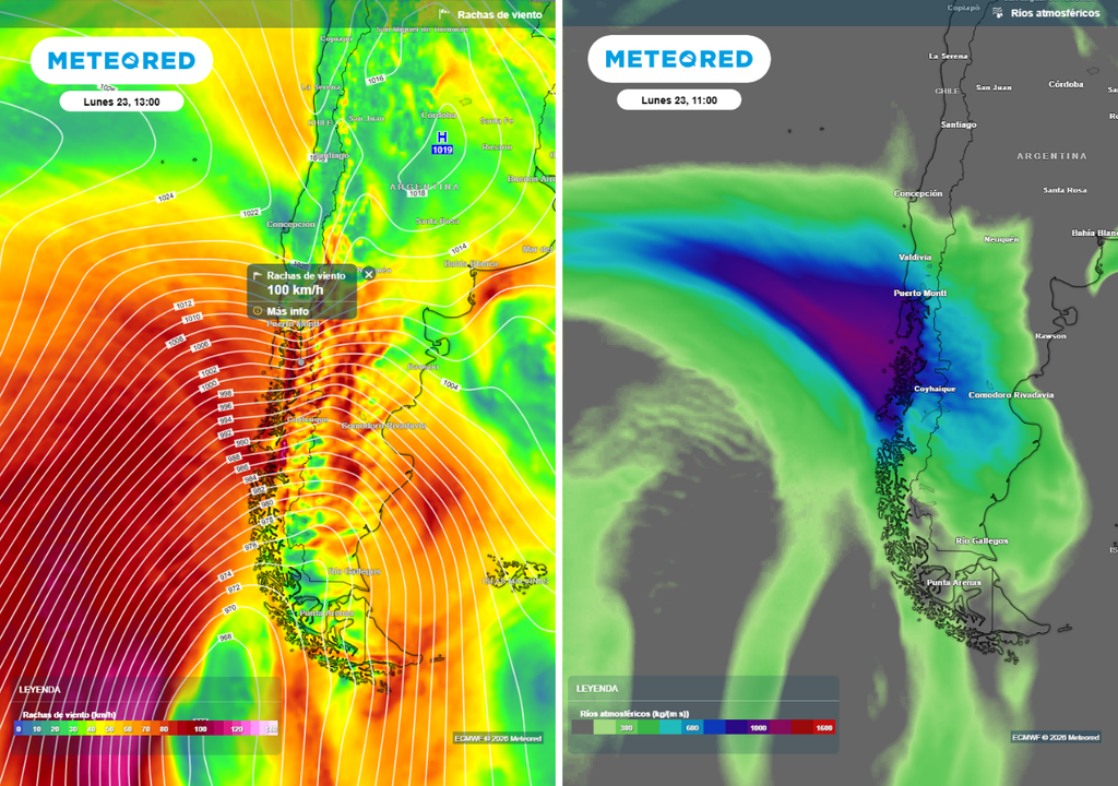 Un temporal con río atmosférico se aproxima a Chile. Vientos hasta 100 km/h y lluvias intensas se esperan para el próximo lunes 23 de marzo.