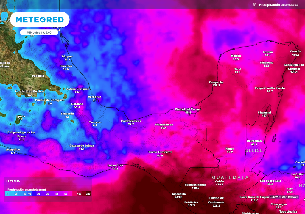 Acumulado de lluvias en el sureste mexicano