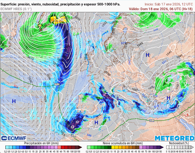Presión en superficie y precipitaciones previstas para el 18 de enero de 2026 cada 6 horas y según escala de colores. Tiempo.com