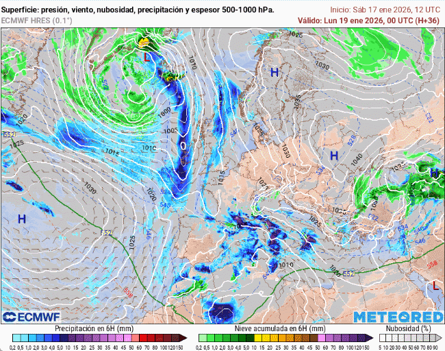 Ídem que el caso anterior pero para el periodo del 19 al 22 de enero de 2026 06 UTC con la borrasca Harry ya formada en el Mediterráneo occidental. Tiempo.com