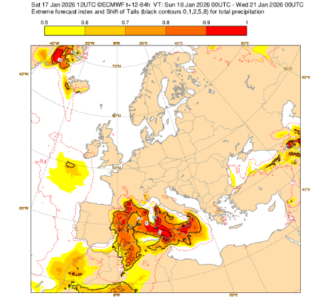 EFI de precipitación normalizado para el periodo 18-21 de enero de 2026, "señalando" zonas a considerar, tanto más cuanto más rojo en la escala. ECMWF