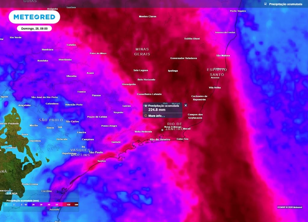 Previsão de acumulado de chuva até o fim de semana, mostra mais 200 mm para o Rio de Janeiro.