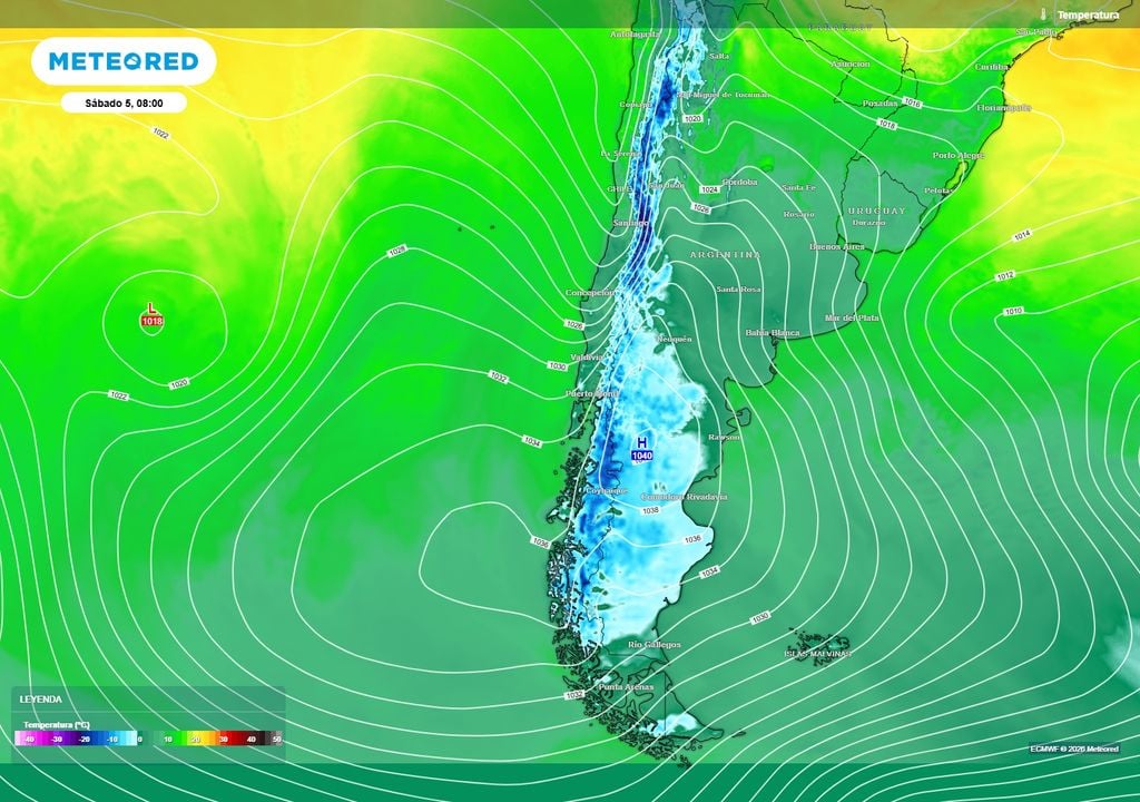 Las altas presiones frías llevarán las heladas a sectores de la Patagonia y sur de Chile. No se descartan heladas locales en sectores del centro-sur durante el fin de semana.