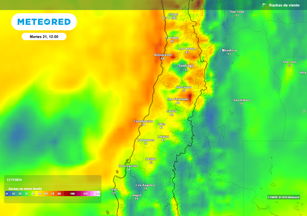 La mayor intensisdad del viento se registrará durante la jornada del martes, lo más intenso será sobre el borde costero pudiendo dejar marejadas.