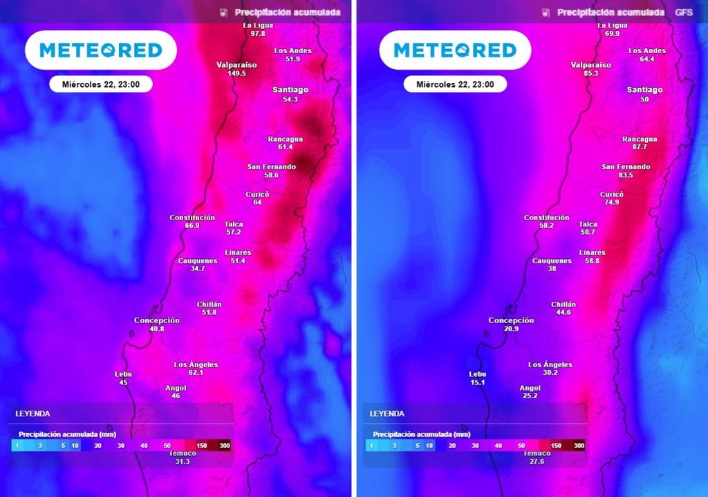 Montos acumulados de precipitación entre lunes y miércoles para el modelo EMCWF y GFS.