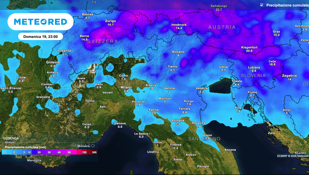 Mappa relativa agli accumuli di pioggia previsti nel weekend Ecco le zone dove è prevista pioggia durante il weekend