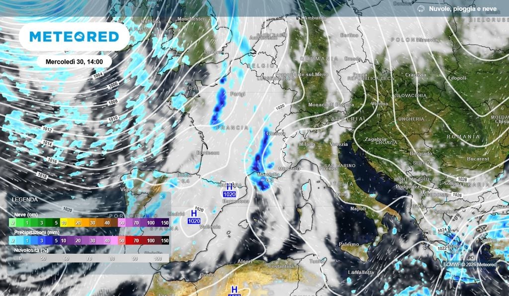 La Francia verrà investita dal maltempo nella giornata di mercoledì 30 settembre. L'Italia invece resterà in un'area di stabilità, con temperature elevate.
