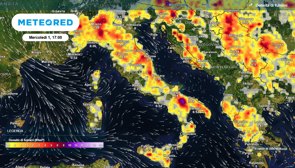 Alta probabilità di temporali pomeridiani in tutta Italia nella giornata di mercoledì 1 luglio 2026.