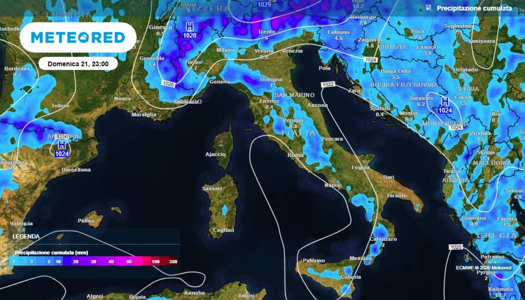 Mappa delle precipitazioni accumulate entro domenica 21 giugno