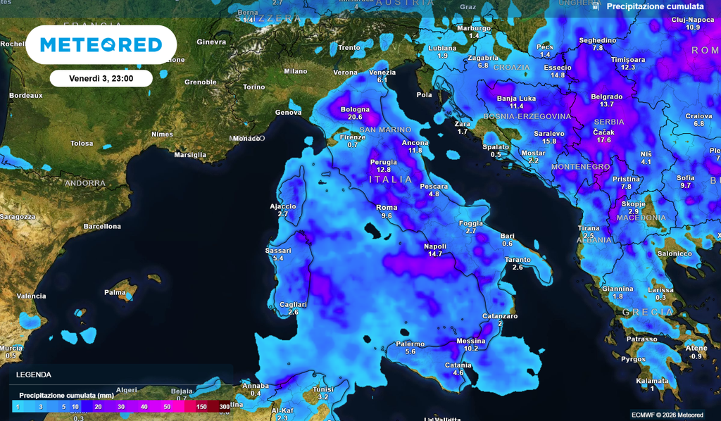 Precipitazione cumulata Pioggia cumulata in Italia nel corso delle prossime 48 ore.
