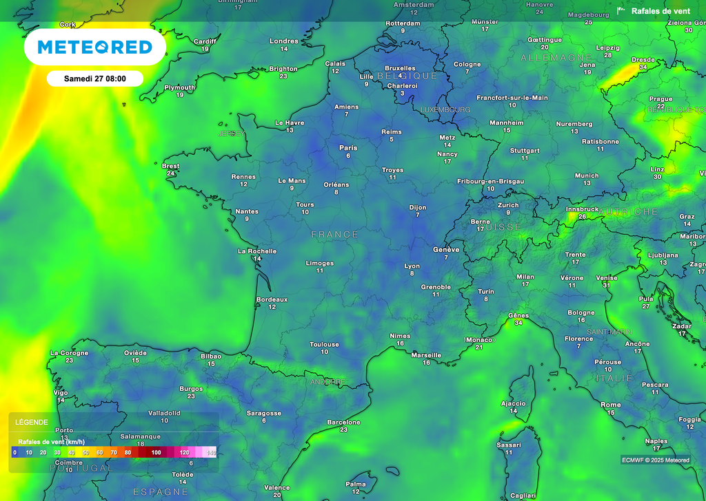 Rafales de vent généralement faibles à localement modérées.