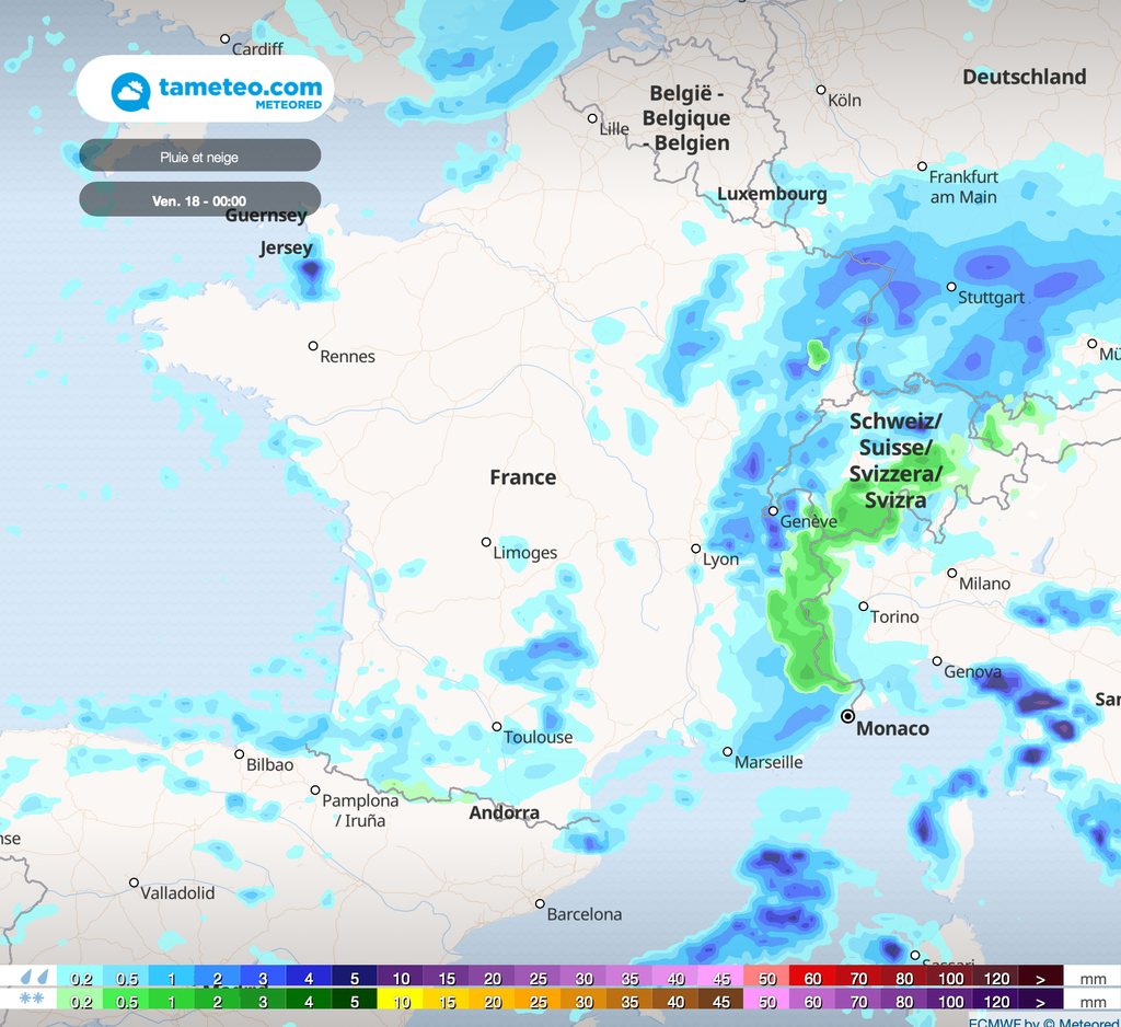 Pluie et neige simulées pour vendredi 00h. Pluie et neige simulées pour vendredi 00h.
