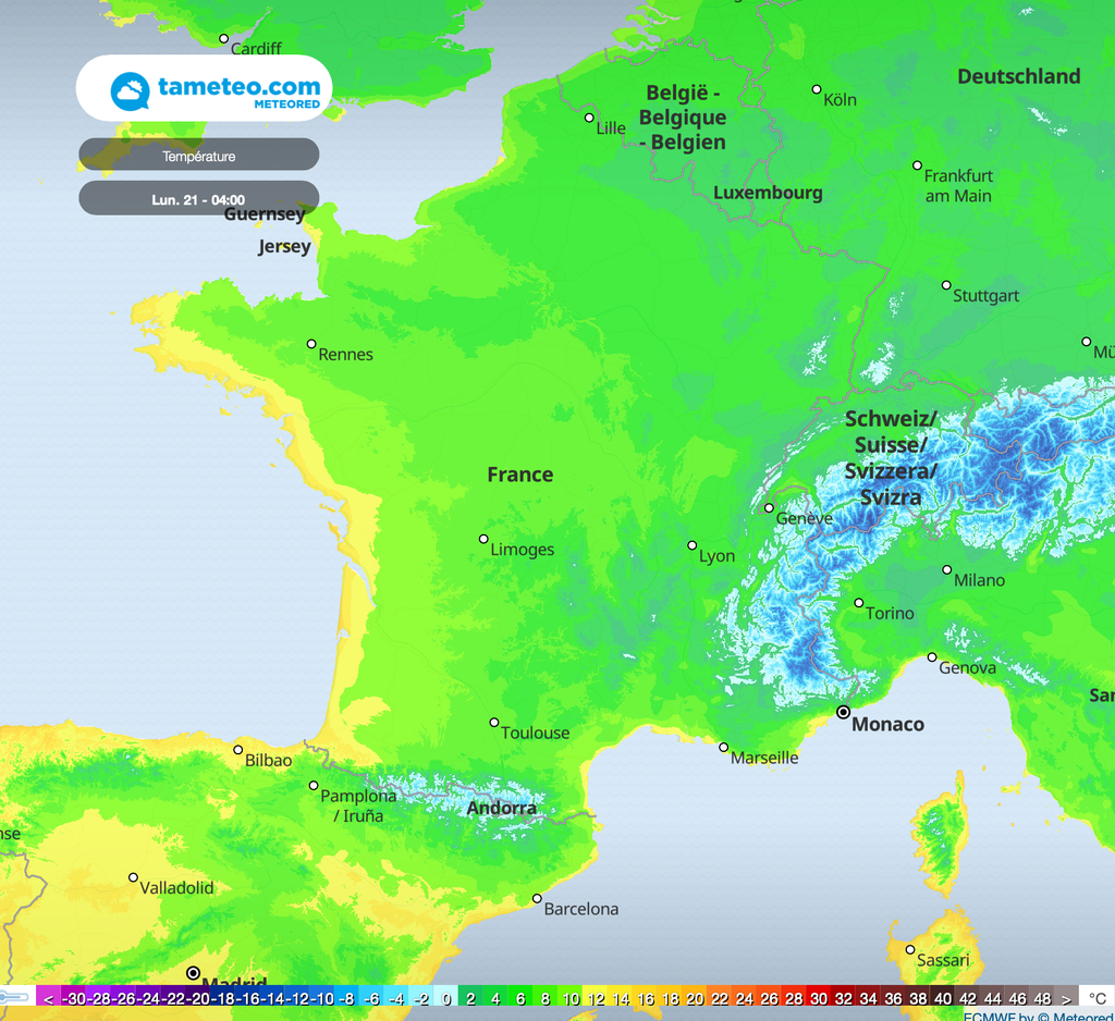 Températures prévues lundi matin. Gel parfois fort dans les Alpes. Températures prévues lundi matin. Gel parfois fort dans les Alpes.