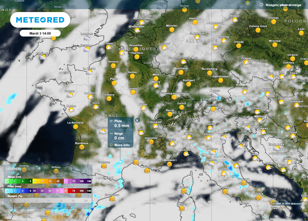 Mardi après-midi, le risque d'averses pourrait aussi gagner la plaine toulousaine et les Pyrénées. Ailleurs, un temps sec et souvent ensoleillé s'imposera.