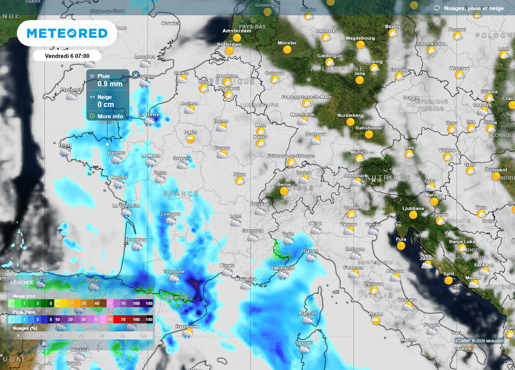 Vendredi, alors que les pluies deviendront soutenues sur le Roussillon, des averses s'inviteront aussi sur la moitié Ouest du pays.