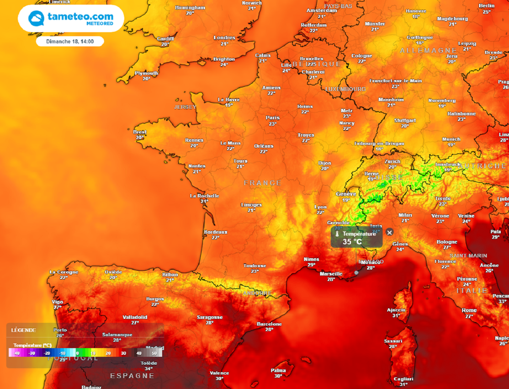 Dimanche après-midi, de nouvelles pointes à 35°C pourraient concerner l'extrême sud-est du pays. Dimanche après-midi, de nouvelles pointes à 35°C pourraient concerner l'extrême sud-est du pays.