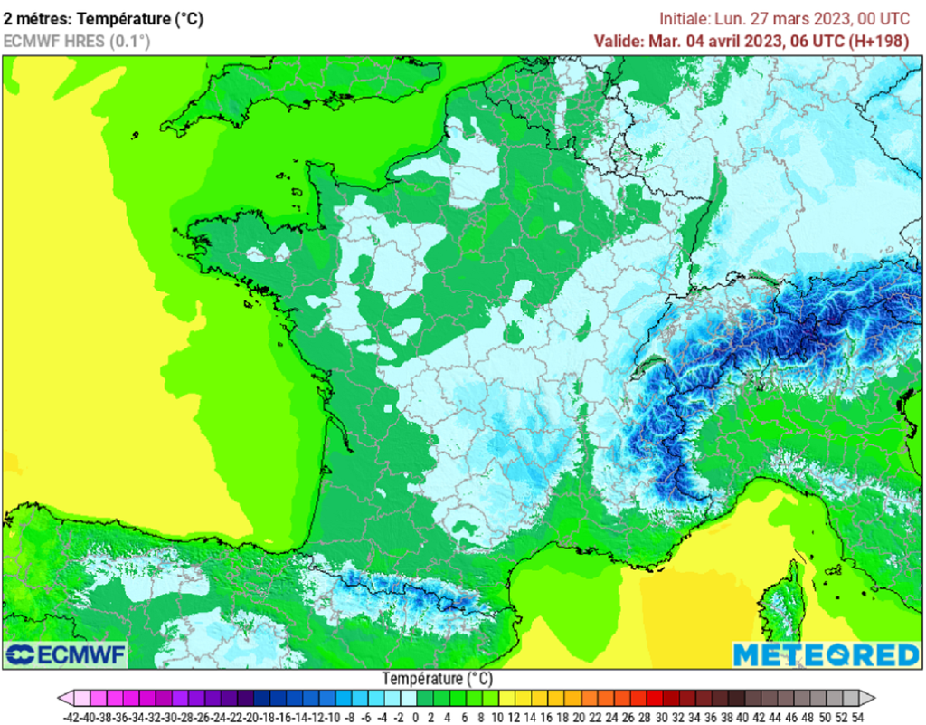 La semaine prochaine, le risque de gel matinal s'étendra et s'accentuera jour après jour (modèle ECMWF). La semaine prochaine, le risque de gel matinal s'étendra et s'accentuera jour après jour (modèle ECMWF).
