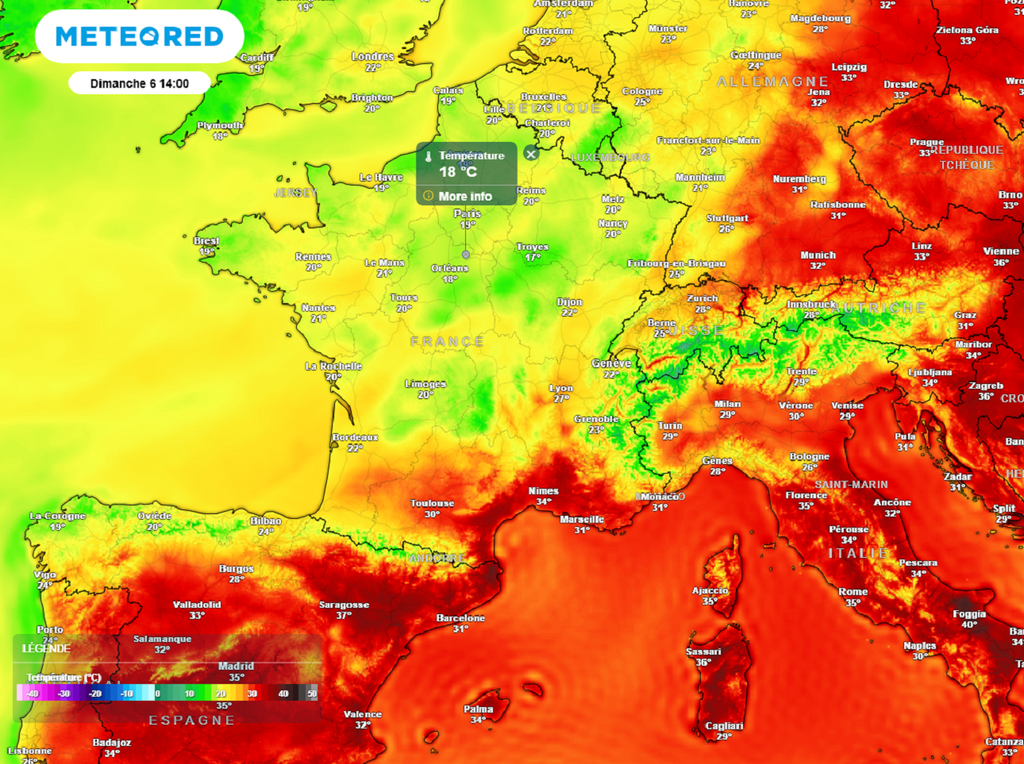 Dimanche après-midi, la chaleur concernera uniquement les départements méditerranéens.