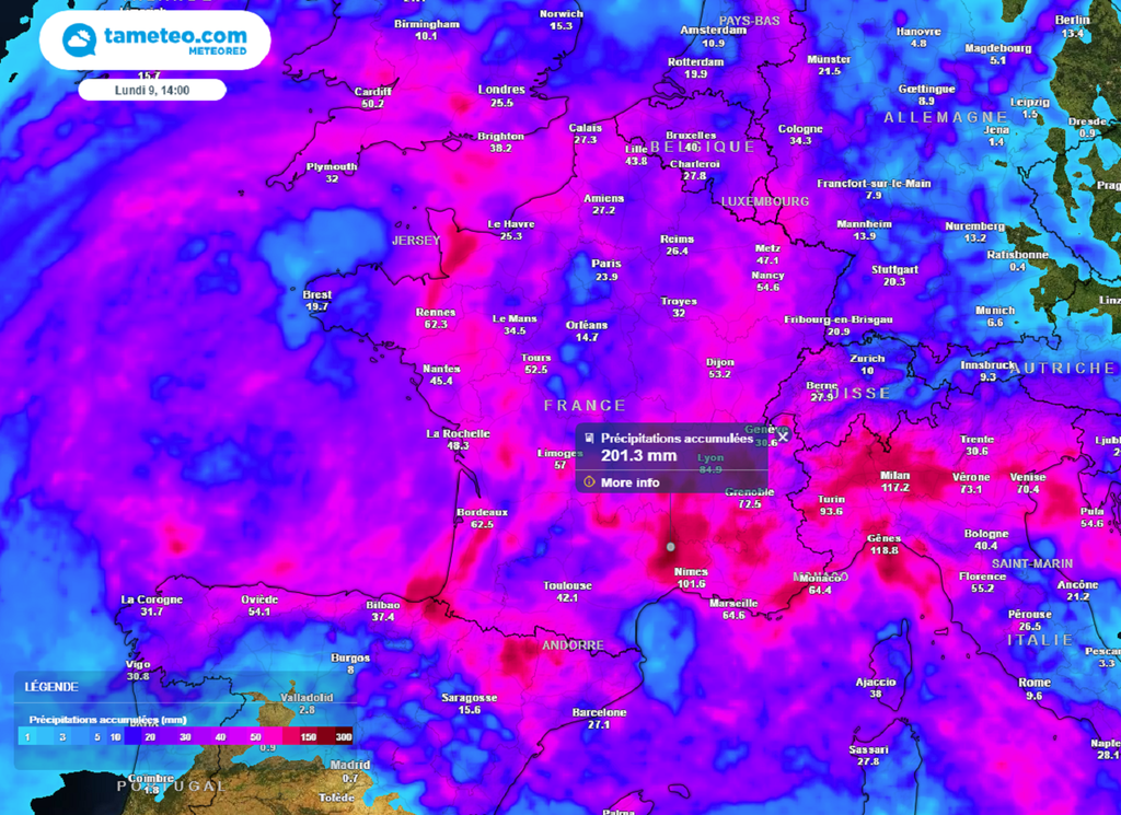 Les cumuls de pluies s'annoncent conséquents ces prochains jours, avec parfois plus de 200 mm attendus !