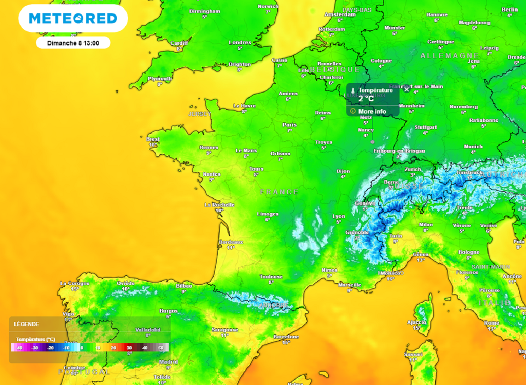 Dimanche après-midi, le mercure poursuivra sa chute avec seulement 2 ou 3°C attendus dans le nord-est.
