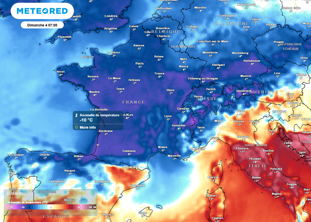 Le froid s'annonce vif dimanche avec des minimales inférieures jusqu'à 10°C aux normales de saison.