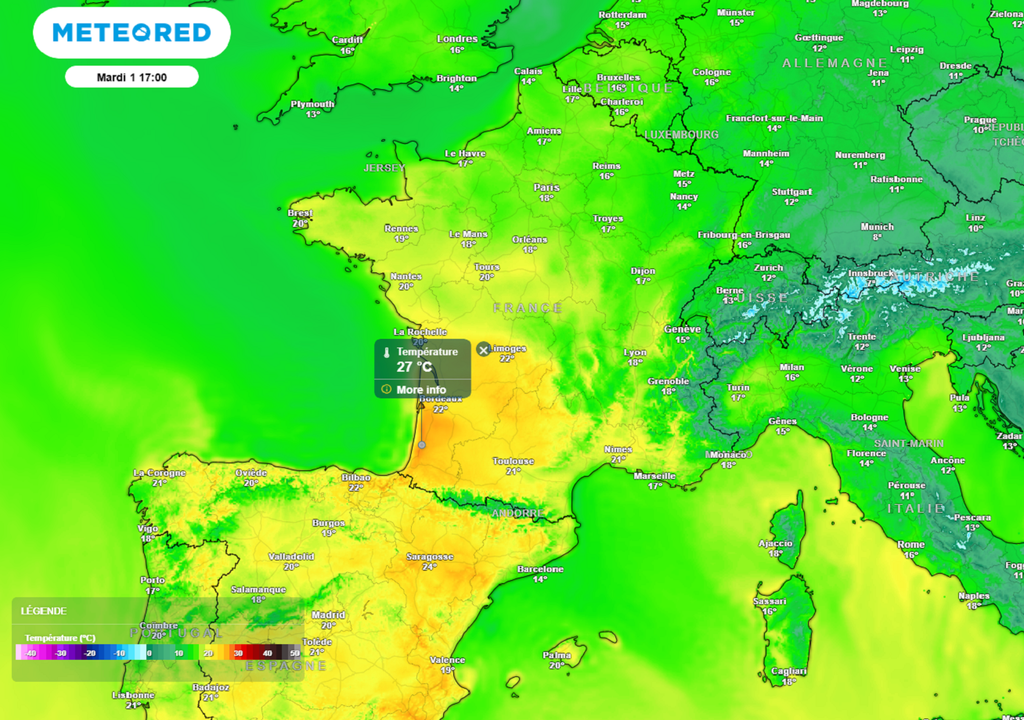 Mardi après-midi, des pointes à 26-27°C sont envisagées dans les régions du sud-ouest.
