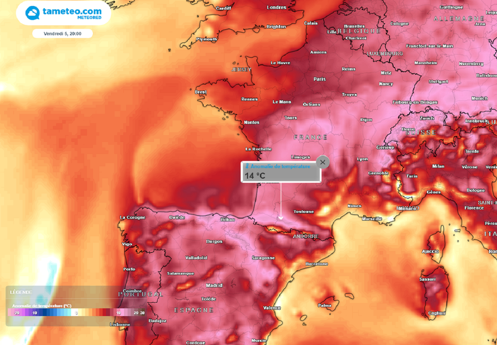 En fin de semaine, un important pic de chaleur pourrait concerner le sud-ouest et le centre-est du pays avec des valeurs supérieures de plus de 10°C aux normales de saison..