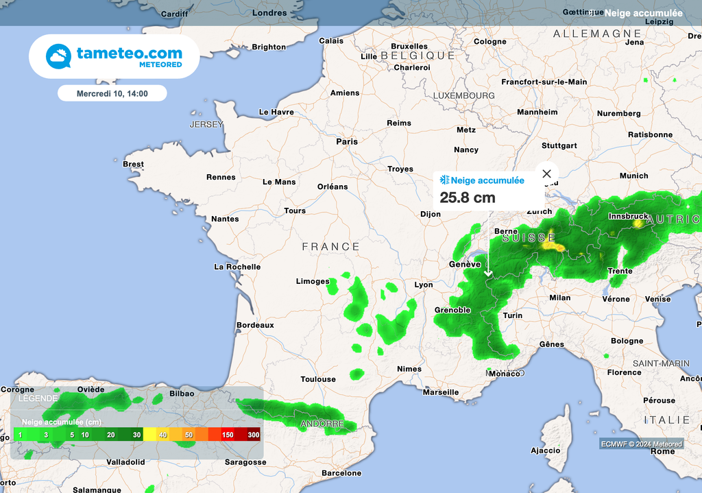 Neige attendue sur le Jura, les Alpes, le Massif central et les Pyrénées ce mardi.