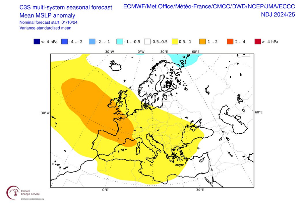 Avec des hautes pressions situées à proximité immédiate du pays, le trimestre "novembre-décembre-janvier" s'annonce plus sec que la normale (modèle ECMWF).
