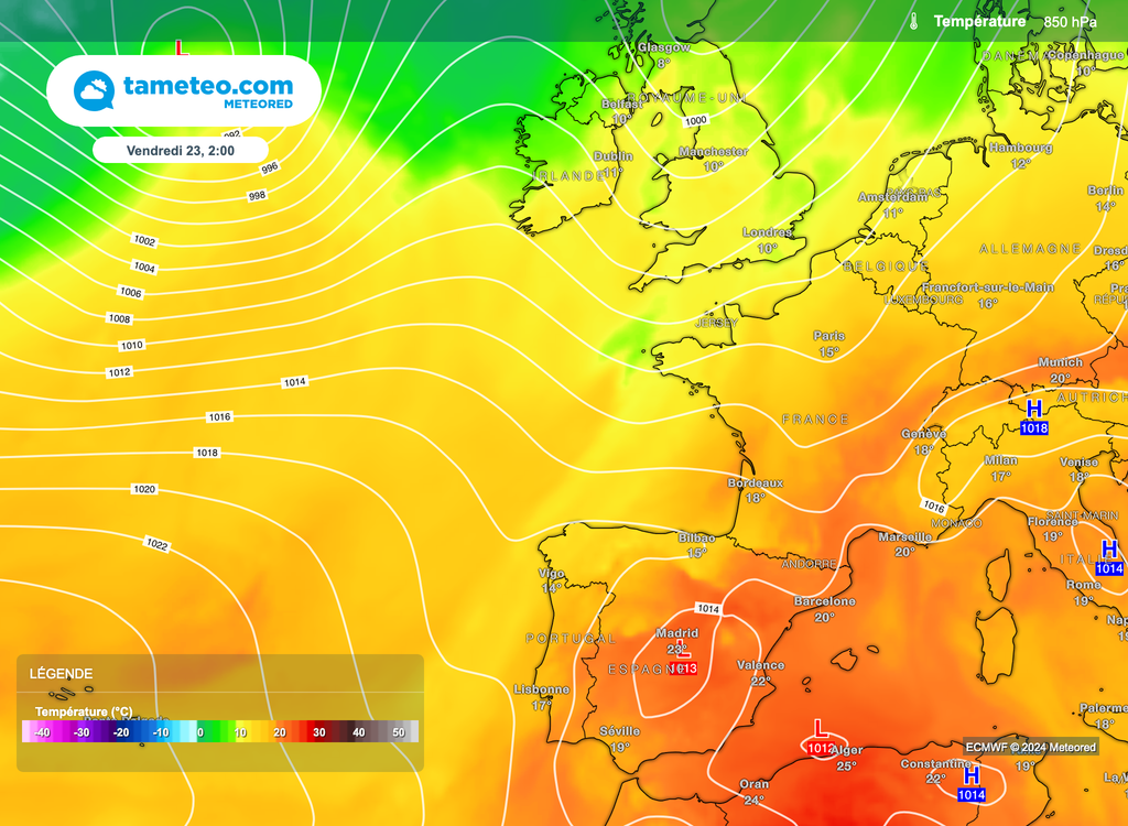 En début de semaine, le positionnement des dépressions et de l'anticyclone permettra un apport d'air doux à chaud sur la France. En début de semaine, le positionnement des dépressions et de l'anticyclone permettra un apport d'air doux à chaud sur la France.